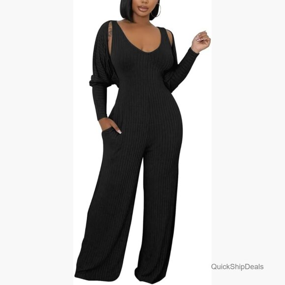 Polyester Ribbed Knit Long Sleeve Crop Cardigan Wide Leg Pants Set